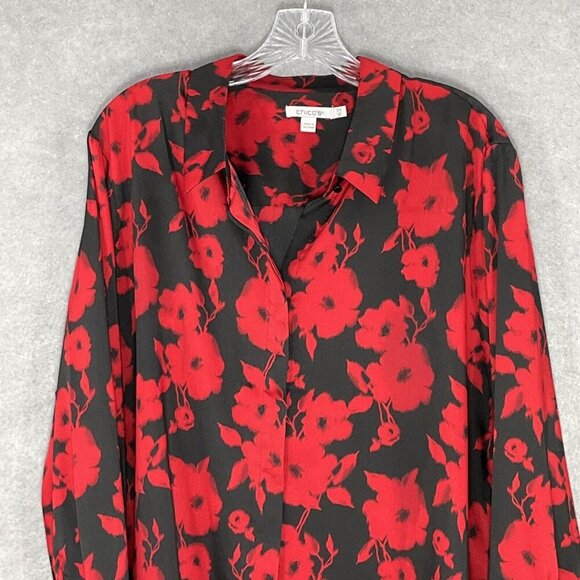 Chico's Top Women XL (3/5) Dark Floral Long Sleeve Button‎ Up Boho Career - Picture 4 of 14